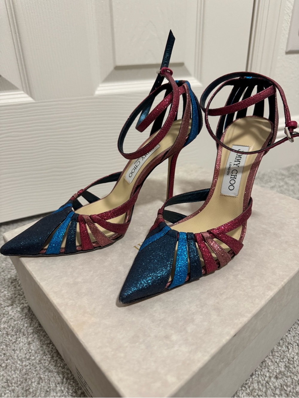 Jimmy Choo Glitter Strappy Pointed-Toe Heels in Blue and pink